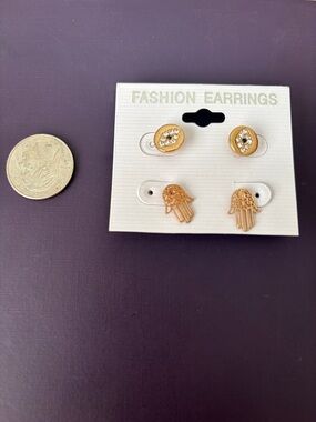 Gold Hamsa & Rhinestone Stud Earring Set